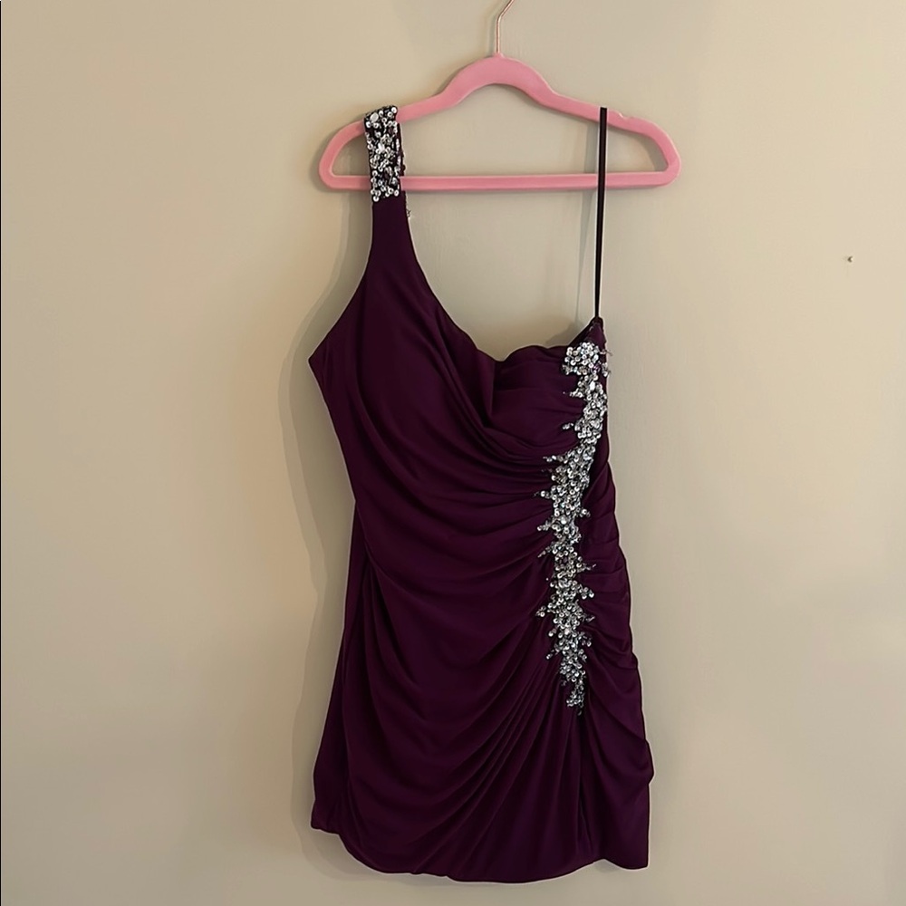 Elegant Purple One-Shoulder Dress with Silver Embellishments